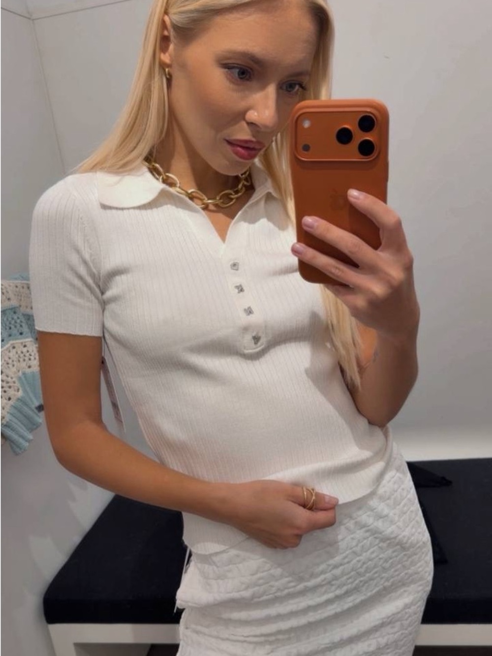 DKNY Ribbed Knit Polo Top White Crystal Logo Buttons Short Sleeve NWT